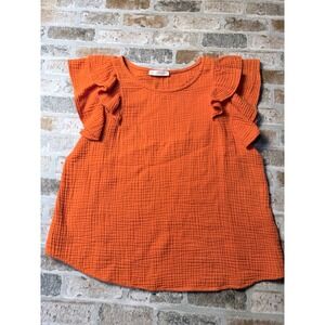 Ces Femme Orange Gauze Ruffle Sleeve Top Womens Large Boho Crinkle Blouse
